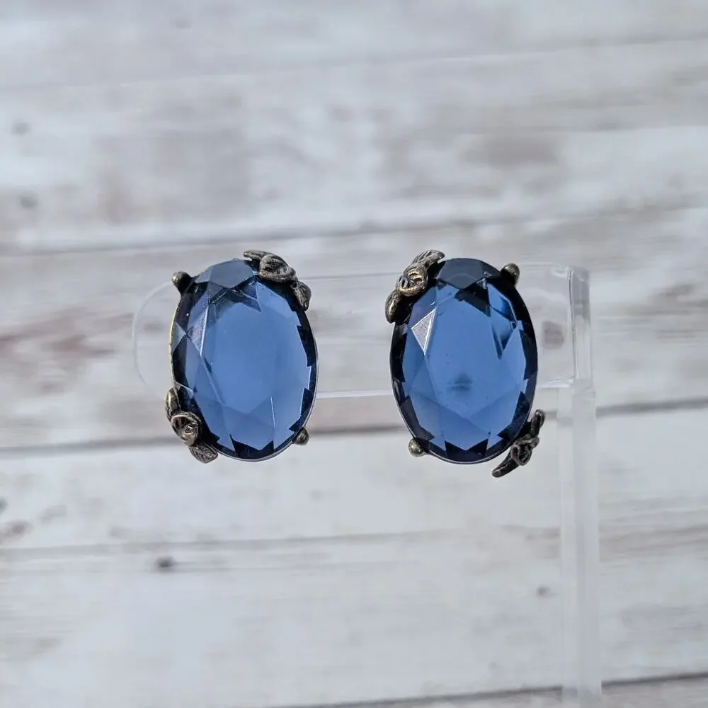 Vintage Clip On Earrings Large Blue Gem with Leaf Detail